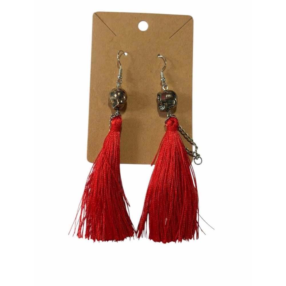 Red Tassel Skull Drop Earrings Silver Tone‎ Gothic Fringe Dangle Hook Statement